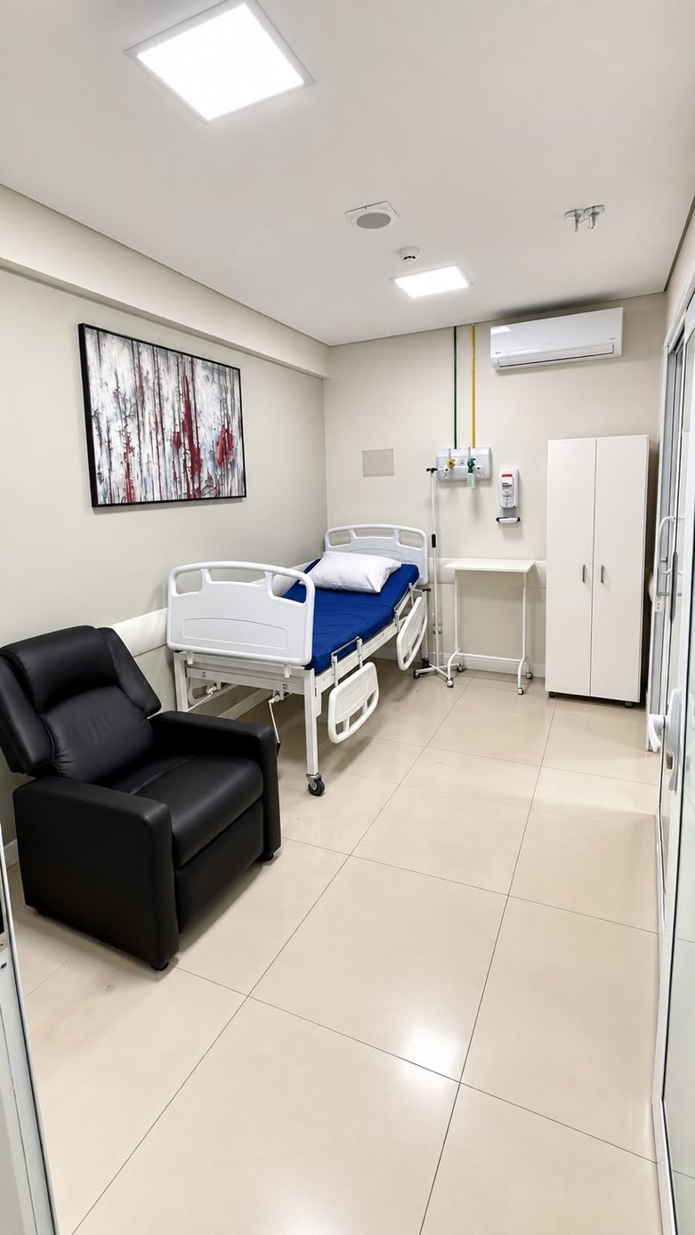 Apartamento de recuperação do Day Hospital, com leito, poltrona reclinável, armário e ar-condicionado