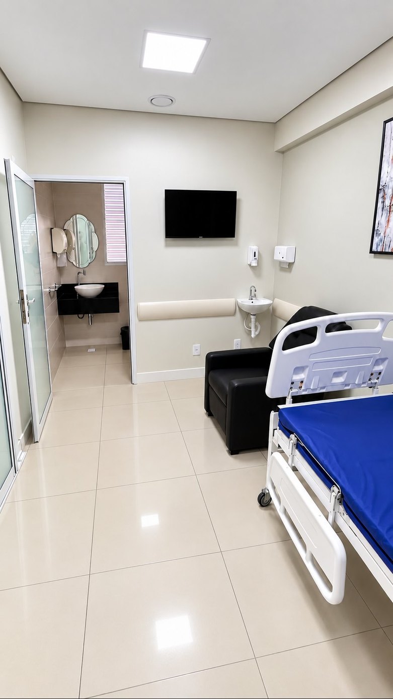 Apartamento de recuperação do Day Hospital, com leito, TV e banheiro privativo